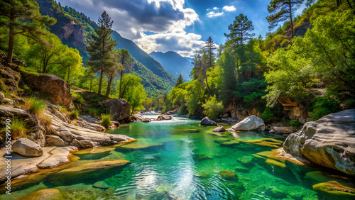 bonito paisaje de arboles y rio en la montaña con piscinas naturales photo