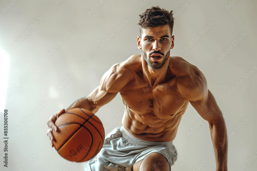 Muscular Man Dribbling Basketball in Studio Setting Muscular Man Dribbling Basketball in Studio Setting