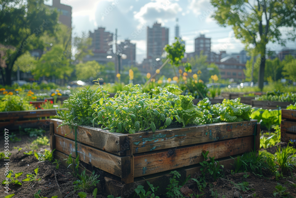 A community garden thriving in an urban setting, showcasing urban farming. Concept of local food production and community. Generative Ai. A community garden thriving in an urban setting, showcasing urban farming. Concept of local food production and community. Generative Ai.