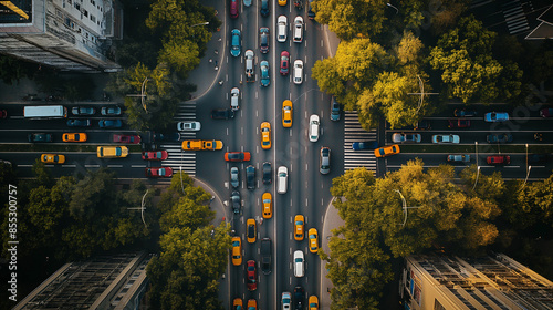 Top-Down View of Traffic on a Tree-Lined Urban Street. Ideal for Illustrating Themes of City Commutes and Urban Living photo