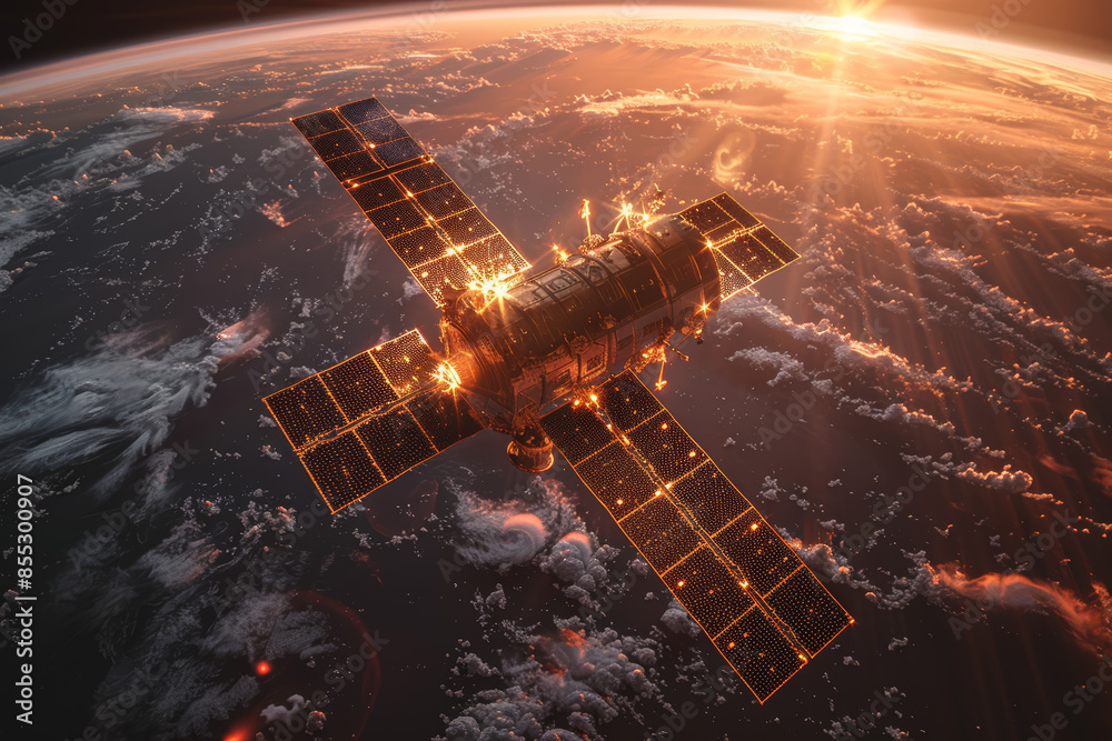 Obraz premium A satellite orbiting a distant planet, symbolizing communication. Concept of technology and connectivity. Generative Ai.