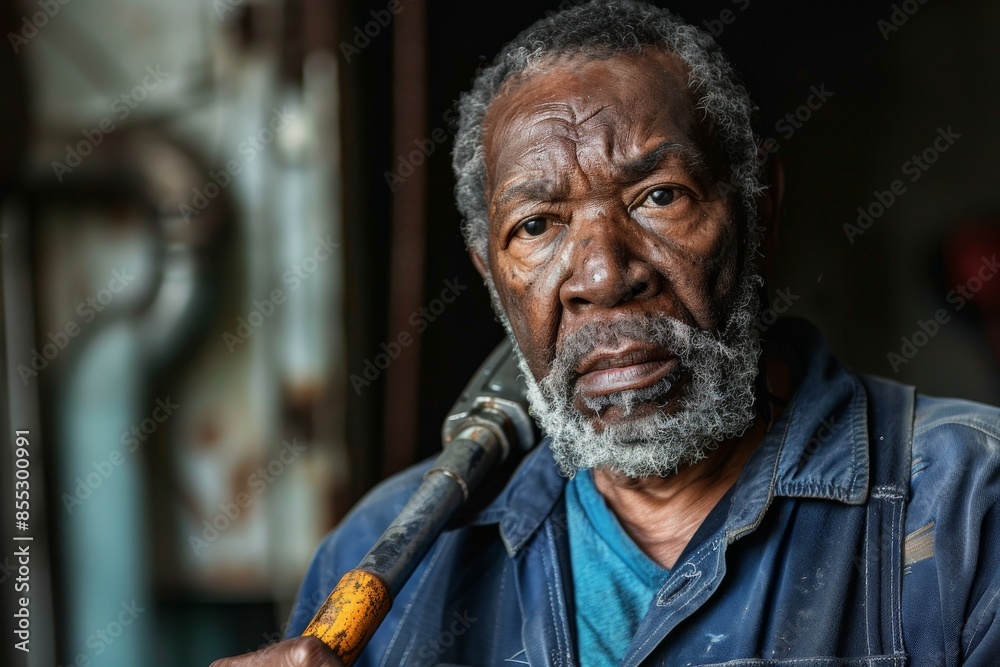 Senior african mechanic holding wrench posing inside workshop Senior african mechanic holding wrench posing inside workshop