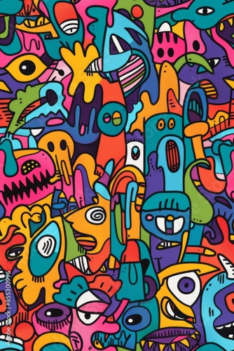 Colorful Abstract Doodle Pattern With Brightly Colored Monsters