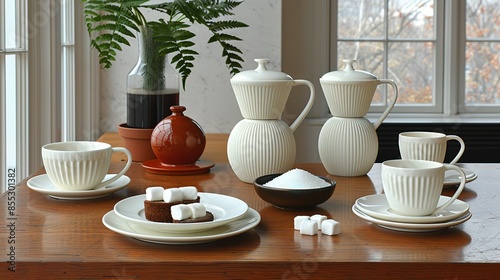 Wallpaper Mural   A table topped with plates and cups filled with marshmallows next to a vase and potted plant Torontodigital.ca