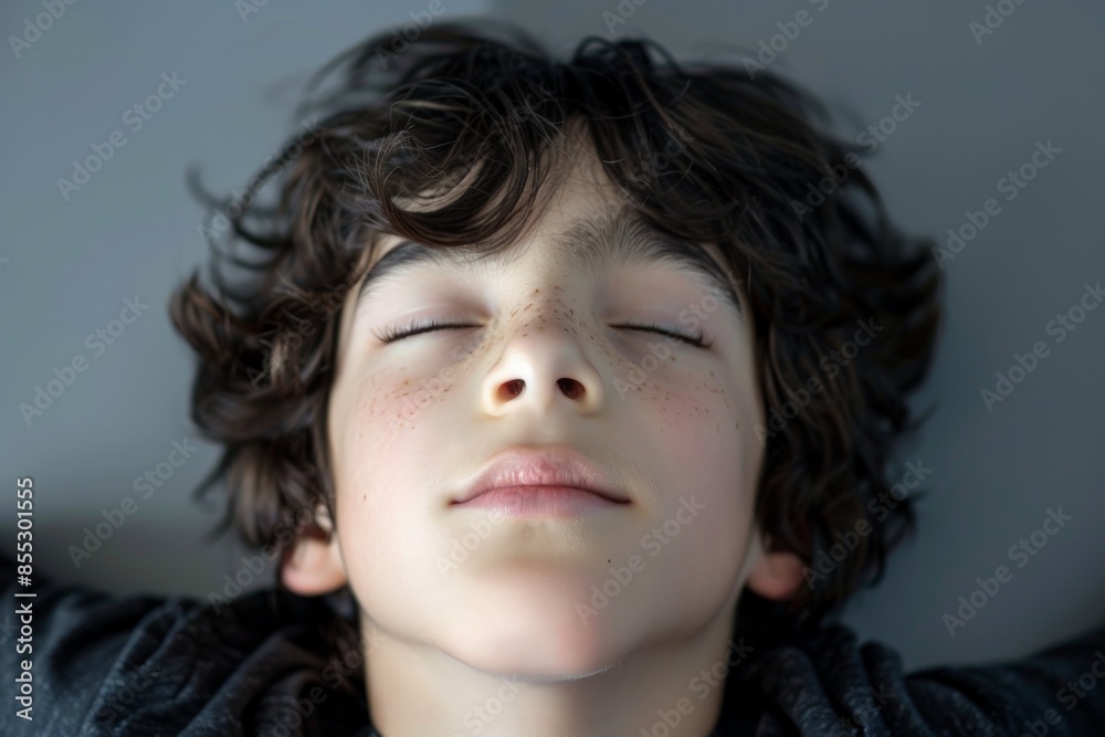 Young boy closing eyes and relaxing with freckles Young boy closing eyes and relaxing with freckles