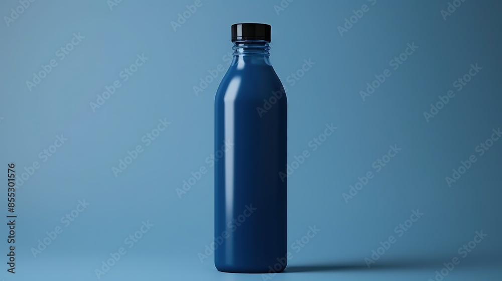 A sleek blue bottle of juice or other beverage stands alone on a blue background. The bottle is made of glass and has a black cap. A sleek blue bottle of juice or other beverage stands alone on a blue background. The bottle is made of glass and has a black cap.