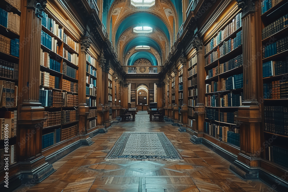 Fototapeta premium A serene library filled with rows of books, representing knowledge and peace. Concept of education and quiet reflection. Generative Ai.