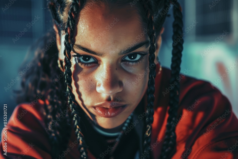 Serious young woman with braids posing in an urban environment Serious young woman with braids posing in an urban environment