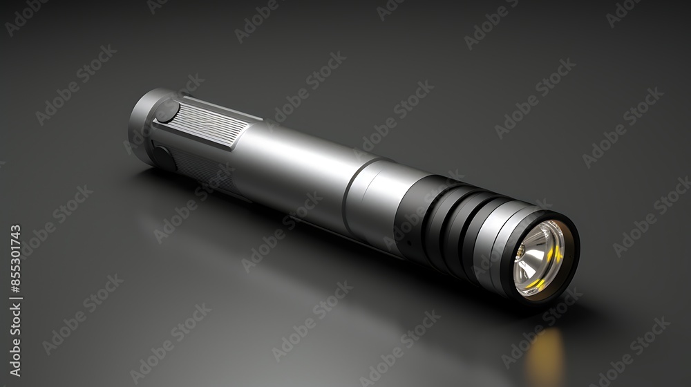 **Assistant** This is a 3D rendering of a flashlight. The flashlight is made of metal and has a black grip. **Assistant** This is a 3D rendering of a flashlight. The flashlight is made of metal and has a black grip.