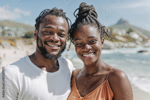 A happy couple smiles brightly at the camera while standing on a sunny beach, with the ocean and a coastal landscape in the background