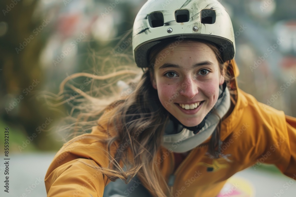Young woman wearing helmet is smiling while longboarding downhill