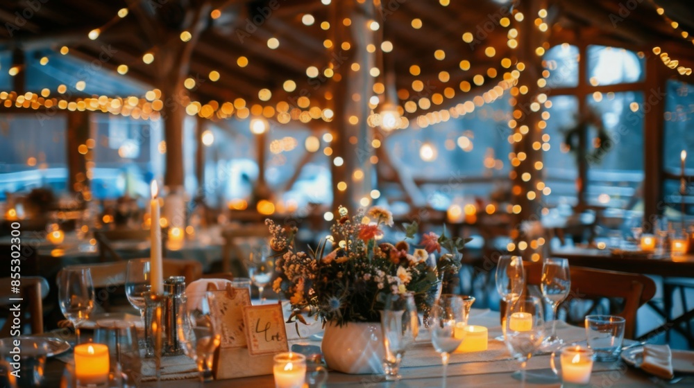 Fototapeta premium A beautifully decorated wedding reception table with candles, string lights, and a centerpiece of flowers.