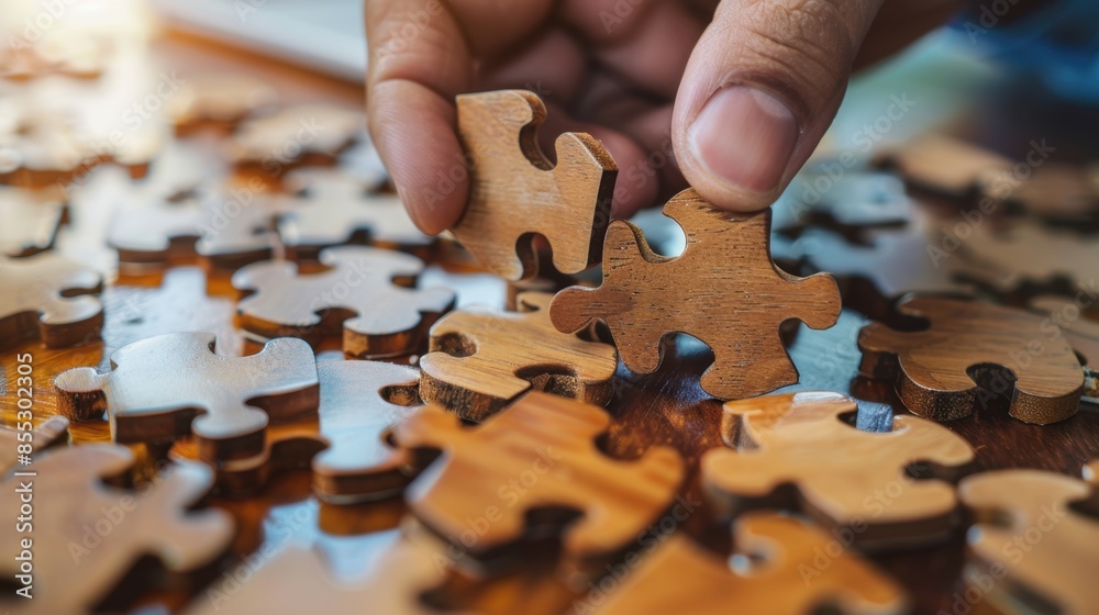 Close-up of a hand placing a wooden jigsaw puzzle piece into a puzzle on a wooden table.