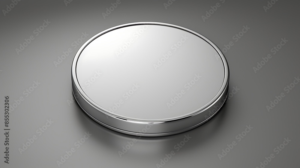 A simple 3D rendering of a silver puck on a gray background. The puck is a perfect cylinder with a shiny surface. A simple 3D rendering of a silver puck on a gray background. The puck is a perfect cylinder with a shiny surface.