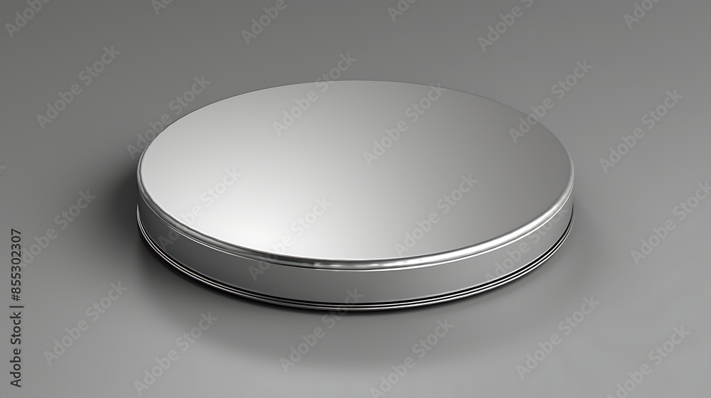 3D rendering of a silver podium isolated on a gray background. The podium is a simple cylinder with a beveled edge.