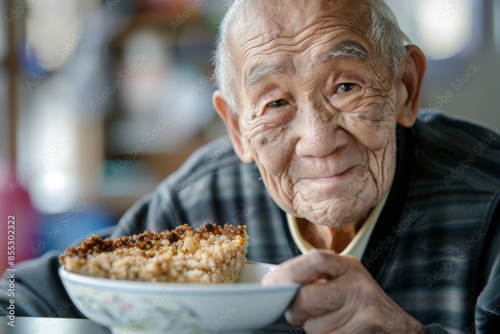 Elderly asian man smiling and holding bowl of crumble dessert Elderly asian man smiling and holding bowl of crumble dessert