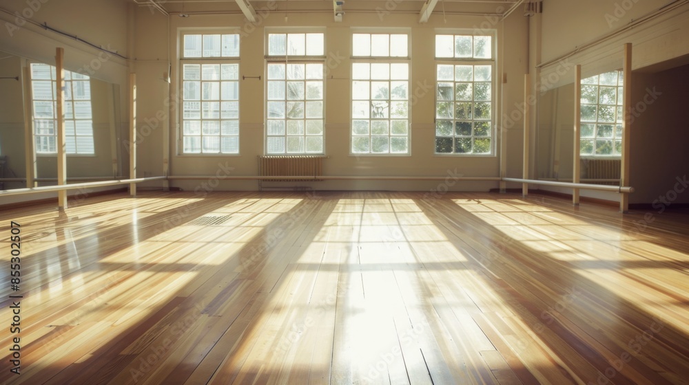 A bright dance studio with large windows letting in plenty of sunlight, creating beautiful patterns on the wooden floor. The studio has mirrors on one side and a barre along the wall.