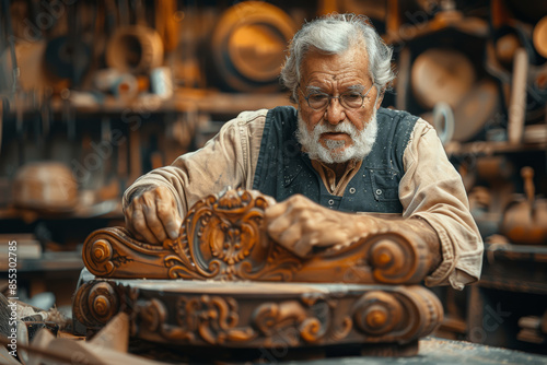 A craftsman making a wooden chair, highlighting traditional skills. Concept of woodworking and artistry. Generative Ai.