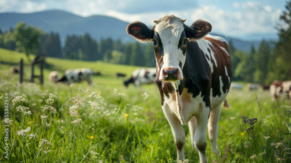 Observe the gentle nature of a dairy cow standing amid the green grass, the tranquil landscape providing a perfect backdrop to its peaceful existence. Observe the gentle nature of a dairy cow standing amid the green grass, the tranquil landscape providing a perfect backdrop to its peaceful existence.