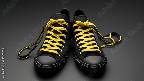 **Converse-style black sneakers with bright yellow laces. Isolated on a dark background. photo