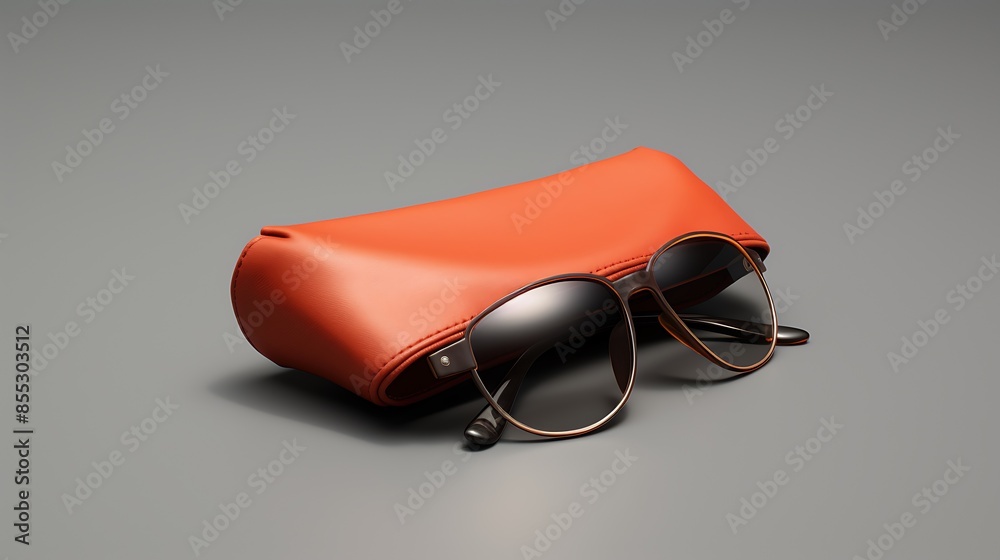 Modern sunglasses with brown frame and dark lenses. The glasses are resting on a red leather case. The background is a gray concrete wall.