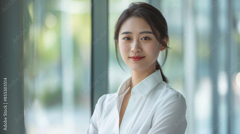 Observe the authoritative presence of a young Asian businesswoman in a crisp white shirt and pencil skirt, her confident demeanor highlighting her role as a successful leader in th