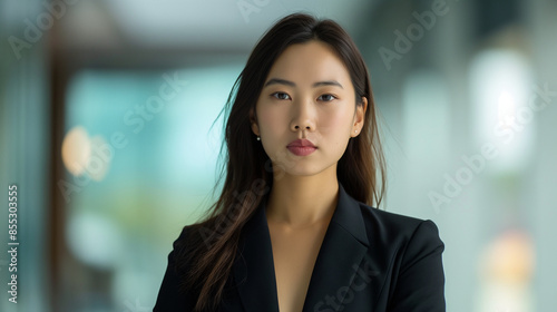 Experience the inspiring portrait of a young Asian businesswoman in formal wear, her confident posture and direct gaze showcasing her success and expertise in a modern office envir Free Download Experience the inspiring portrait of a young Asian businesswoman in formal wear, her confident posture and direct gaze showcasing her success and expertise in a modern office envir - GFXLoad
