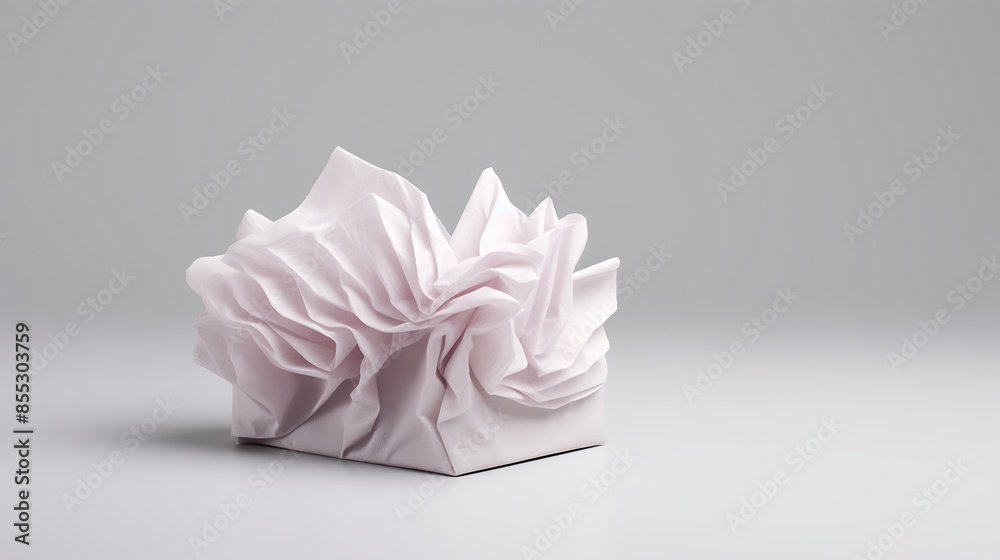 Light pink crumpled paper on a white background. The paper is arranged in a way that suggests a flower in bloom. Light pink crumpled paper on a white background. The paper is arranged in a way that suggests a flower in bloom.