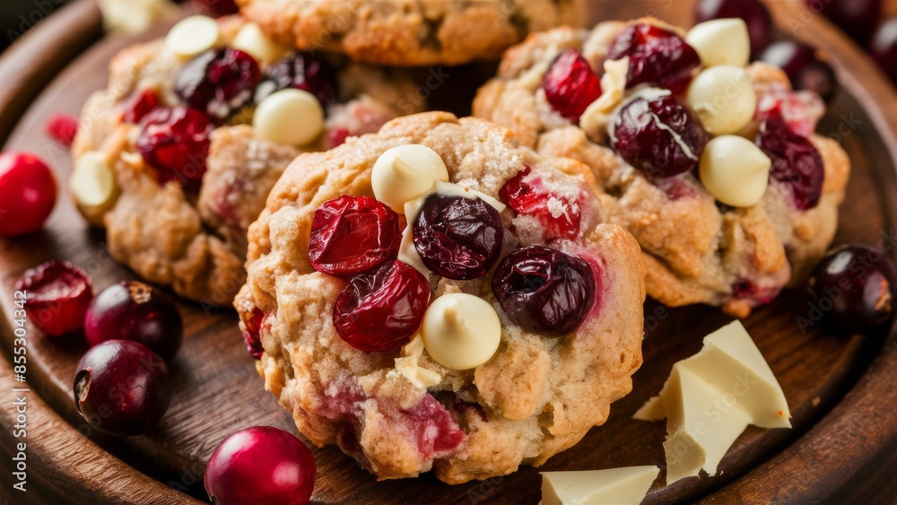 Cranberry-chocolate cookies with white chocolate. Dried cranberries are generously scattered all over the liver, which gives it a piquant taste, and a crumb of white chocolate melts in the dough. Cranberry-chocolate cookies with white chocolate. Dried cranberries are generously scattered all over the liver, which gives it a piquant taste, and a crumb of white chocolate melts in the dough.