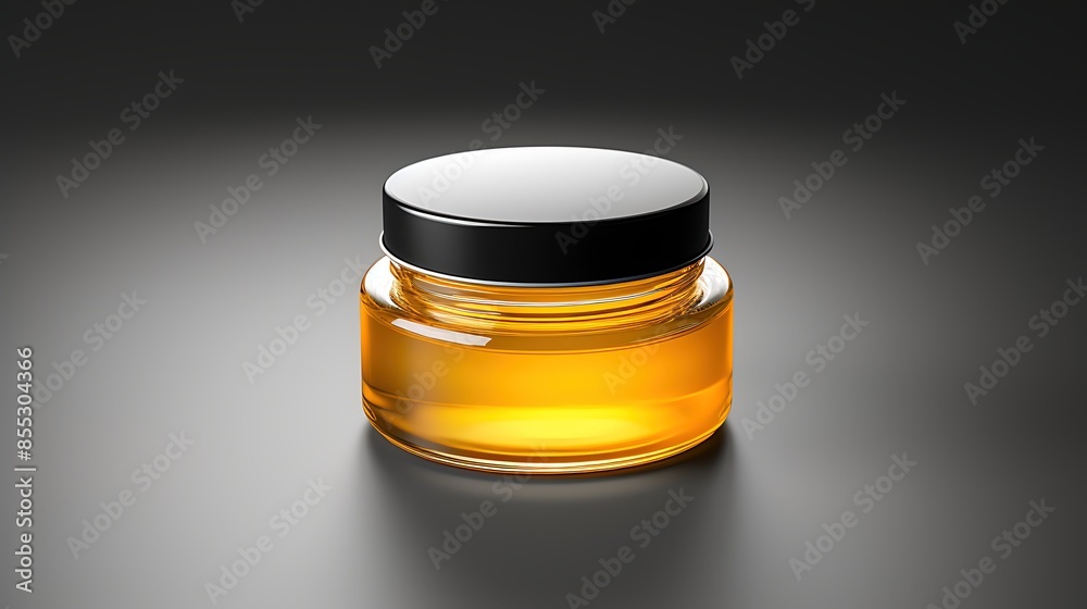 3D rendering illustration of a glass jar with honey on a dark gray background. The jar is half-full of amber-colored honey and has a black lid. 3D rendering illustration of a glass jar with honey on a dark gray background. The jar is half-full of amber-colored honey and has a black lid.