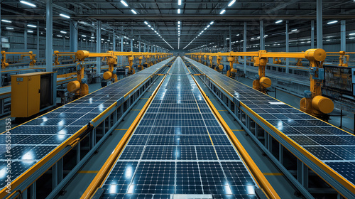 An overhead view of an expansive robotic assembly line dedicated to the mass production of solar panels, illustrating the scale of modern manufacturing © Maksym
