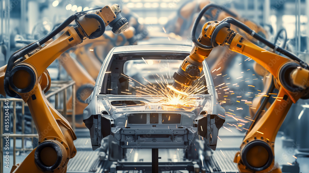 Robotic arms working in harmony to assemble the chassis of a car, sparks flying as they weld the metal parts together Robotic arms working in harmony to assemble the chassis of a car, sparks flying as they weld the metal parts together