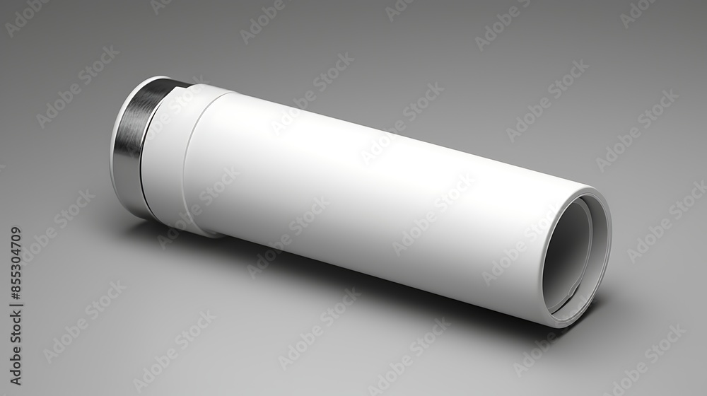 3D rendering of a white plastic pipe with a metal cap lying on a gray surface. 3D rendering of a white plastic pipe with a metal cap lying on a gray surface.