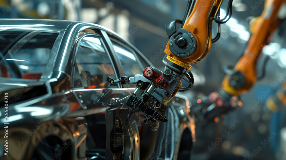 Close-up of robotic arms securing the windshield onto a car frame, emphasizing the precision and care in automated assembly Close-up of robotic arms securing the windshield onto a car frame, emphasizing the precision and care in automated assembly
