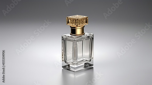 A transparent square perfume bottle with a golden cap is placed on a reflective surface against a gray background. photo