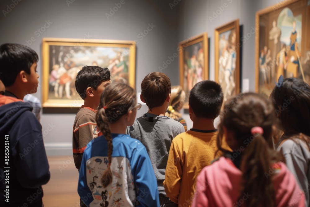Obraz premium Students on an Educational Field Trip to an Art Museum Discussing Famous Paintings and Sculptures