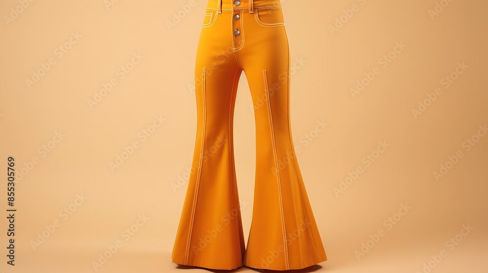 Front view of a pair of orange bell-bottoms with white stitching. The pants are high-waisted and have a flared leg.
