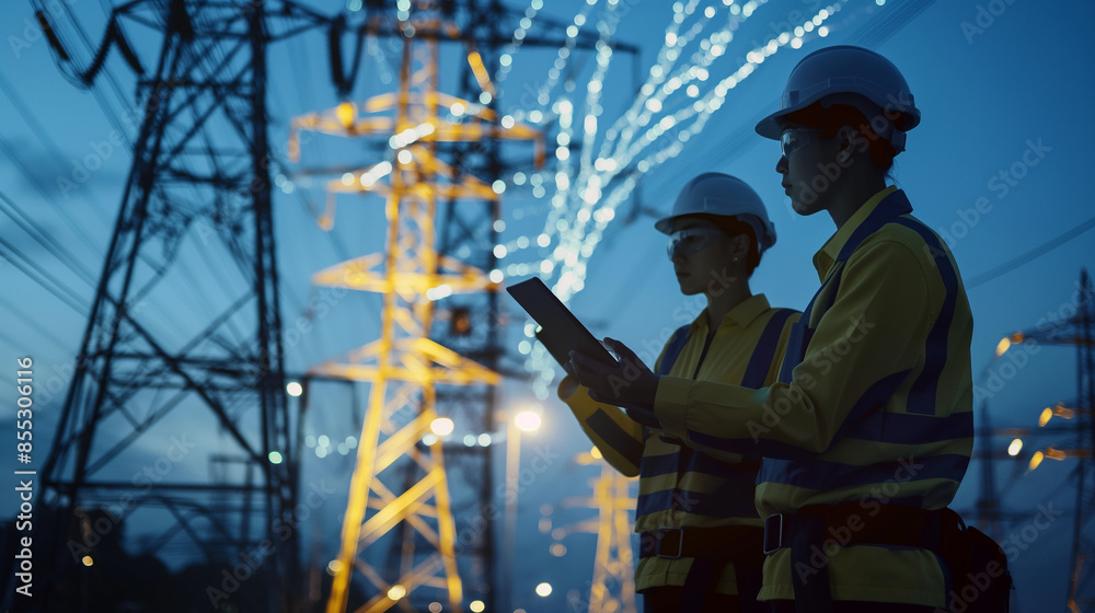 Engineers working on a smart grid infrastructure, examining digital tablets with detailed energy distribution maps and efficiency analytics Engineers working on a smart grid infrastructure, examining digital tablets with detailed energy distribution maps and efficiency analytics
