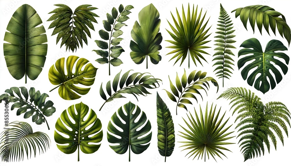 Assorted Collection of Tropical Leaves Isolated on White Background