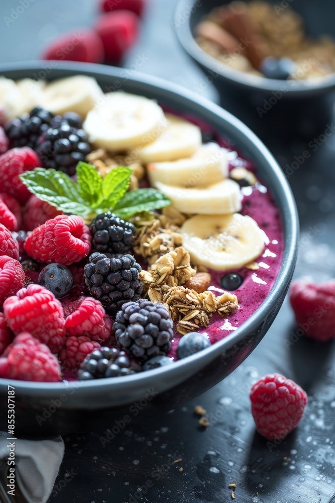 Healthy Raw Vegan Smoothie Bowl with Fresh Berries, Sliced Bananas, and Granola for Summer Breakfast Healthy Raw Vegan Smoothie Bowl with Fresh Berries, Sliced Bananas, and Granola for Summer Breakfast