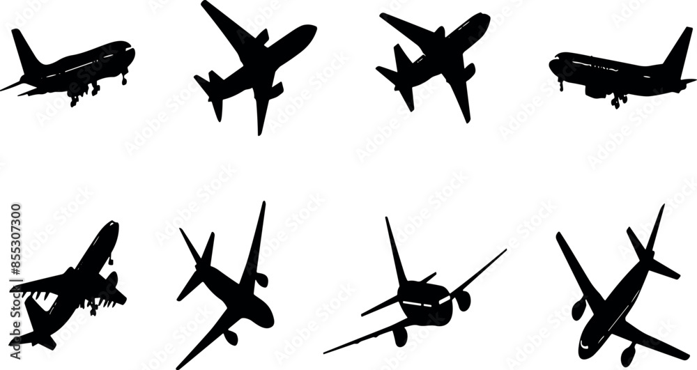 Airplane silhouette illustration. Set of airplanes silhouettes. Planes ...