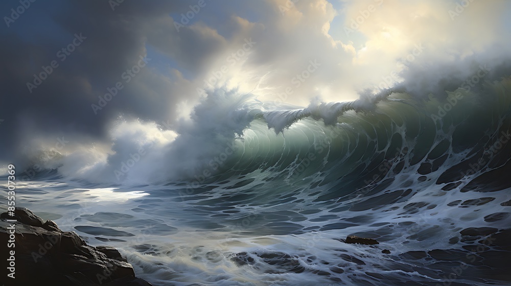 Obraz premium The image is a beautiful painting of a stormy sea. The waves are crashing against the rocks, and the sky is dark and cloudy.