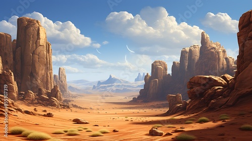 A vast desert landscape with towering rock formations and a clear blue sky. The scene is bathed in warm sunlight, and the air is still and dry. photo