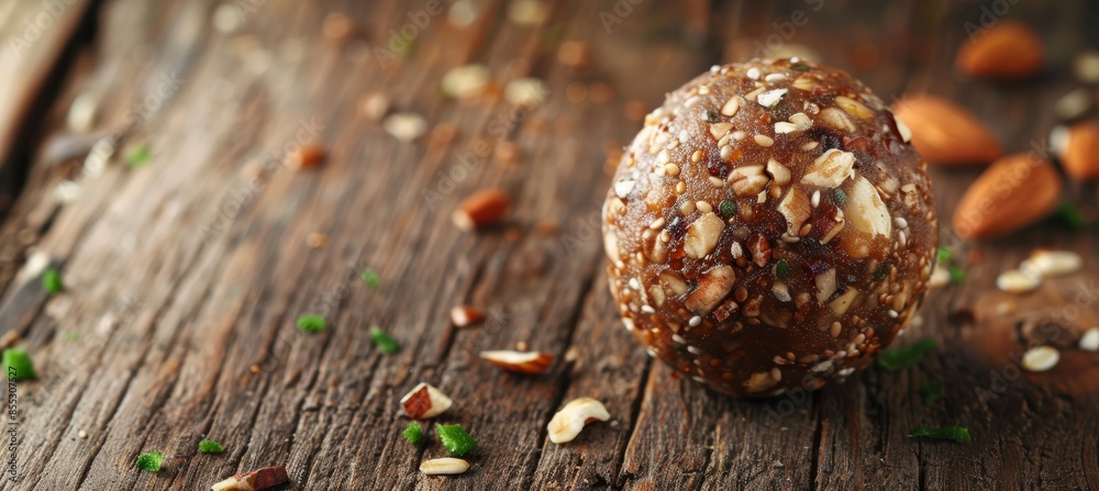 Close-Up of Raw Energy Ball with Nuts, Seeds, and Dried Fruits on Rustic Wooden Table Close-Up of Raw Energy Ball with Nuts, Seeds, and Dried Fruits on Rustic Wooden Table