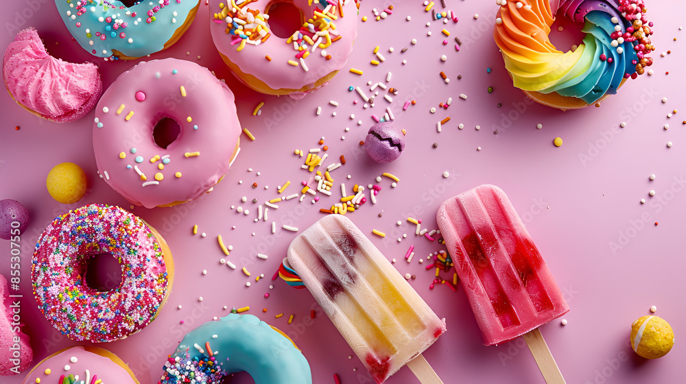 fondo divertido de reposteria con elementos de alimentos donas y paletas con chispas de colores como diseño fondo para invitacion digital o decoracion fondo divertido de reposteria con elementos de alimentos donas y paletas con chispas de colores como diseño fondo para invitacion digital o decoracion