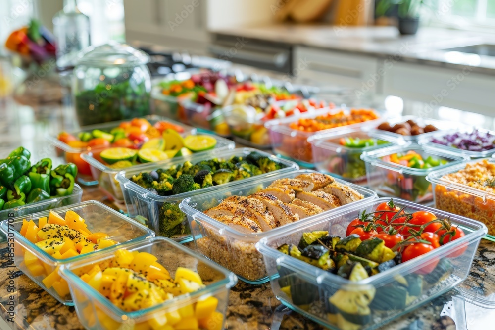Obraz premium Colorful Meal Prep Station with Pre-Cooked Meals, Grilled Chicken, Quinoa, and Roasted Vegetables