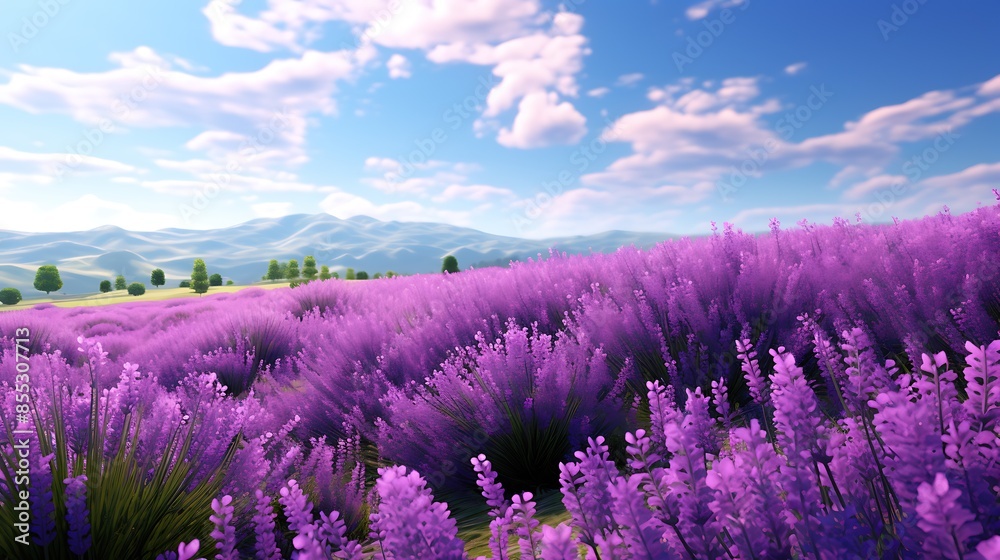 Obraz premium A beautiful field of lavender flowers in bloom. The purple flowers are in full bloom and the field is a sea of color.