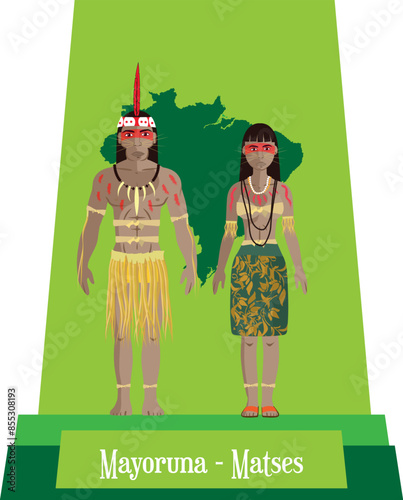 Illustration vector isolated of Brazilian native people, Mayoruna, Matses, typical costume.