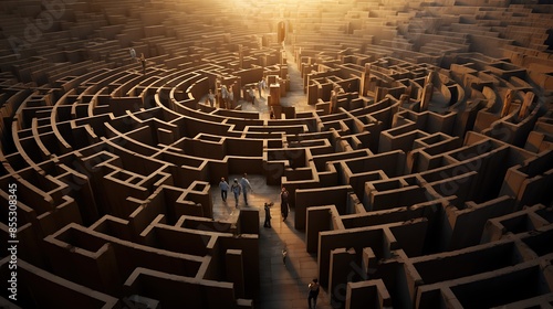 People walking in a giant maze, trying to find the exit. The maze is made of tall walls and is very confusing.