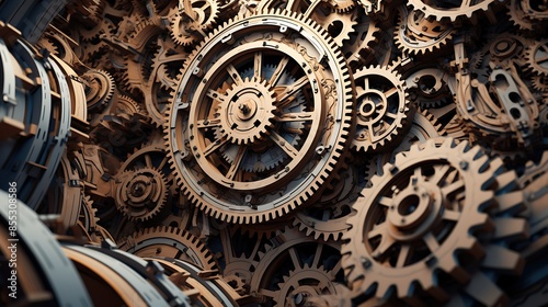An intricate and complex clockwork mechanism. The gears are made of a variety of materials, including metal, wood, and plastic.
